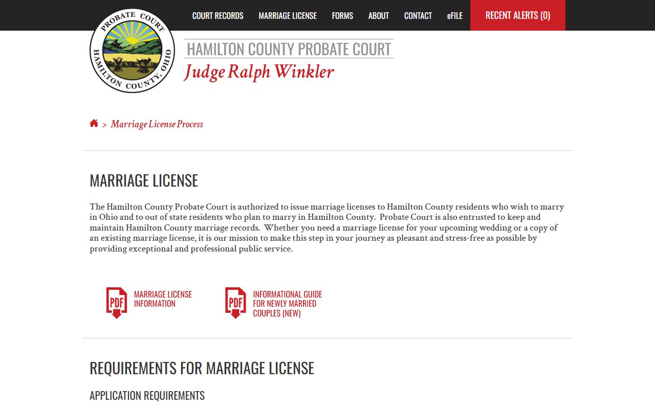 Hamilton County Probate Court marriage license page for Cincinnati applicants