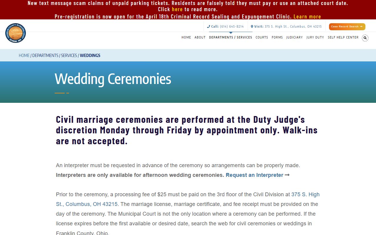 Franklin County Municipal Court wedding ceremony page for Columbus