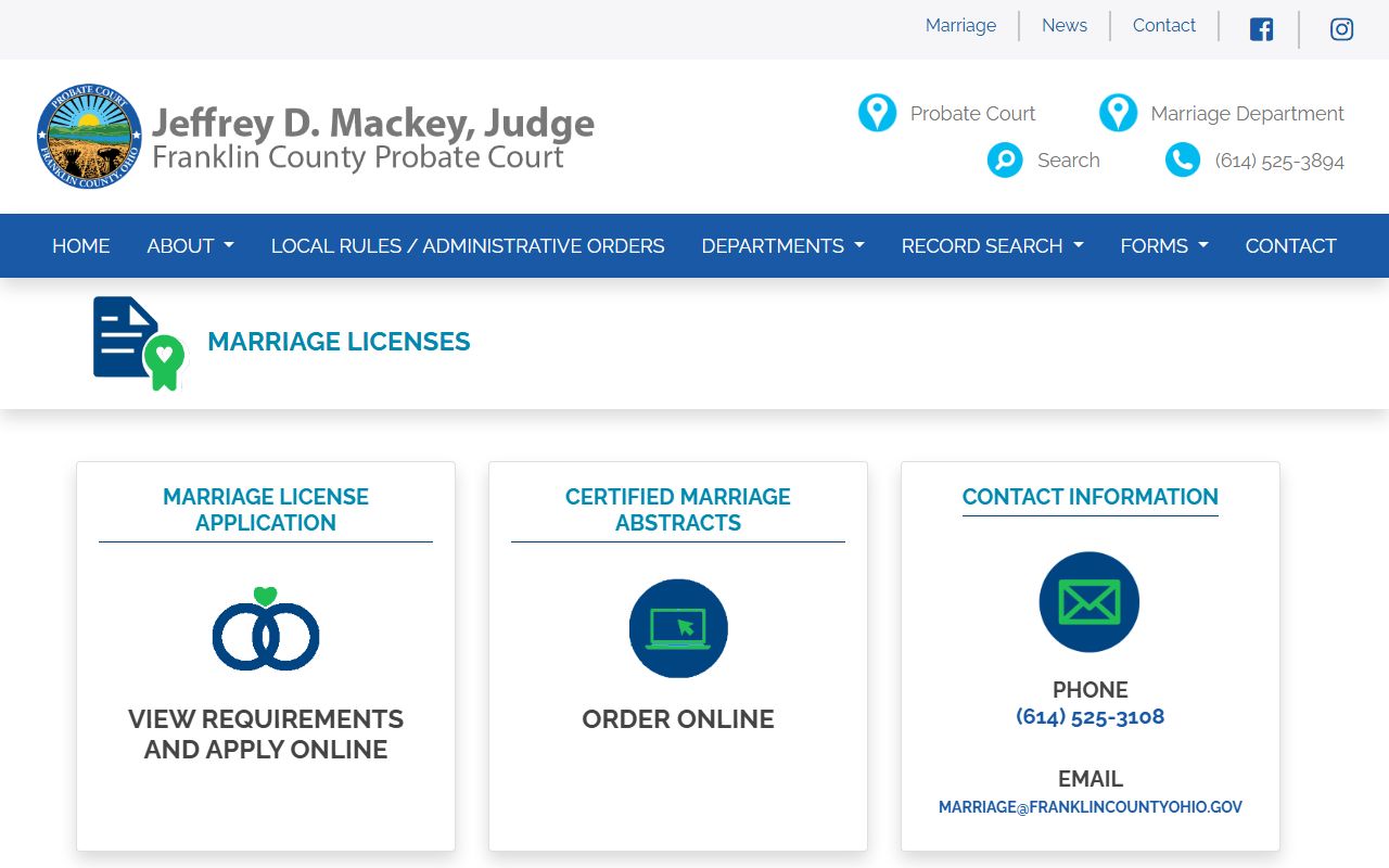 Franklin County Probate Court Marriage Department website for Dublin residents
