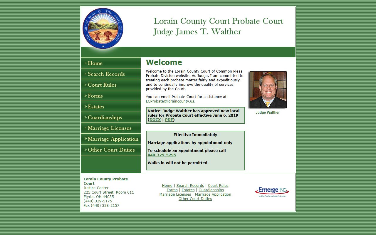 Lorain County Probate Court website for Elyria marriage license applications