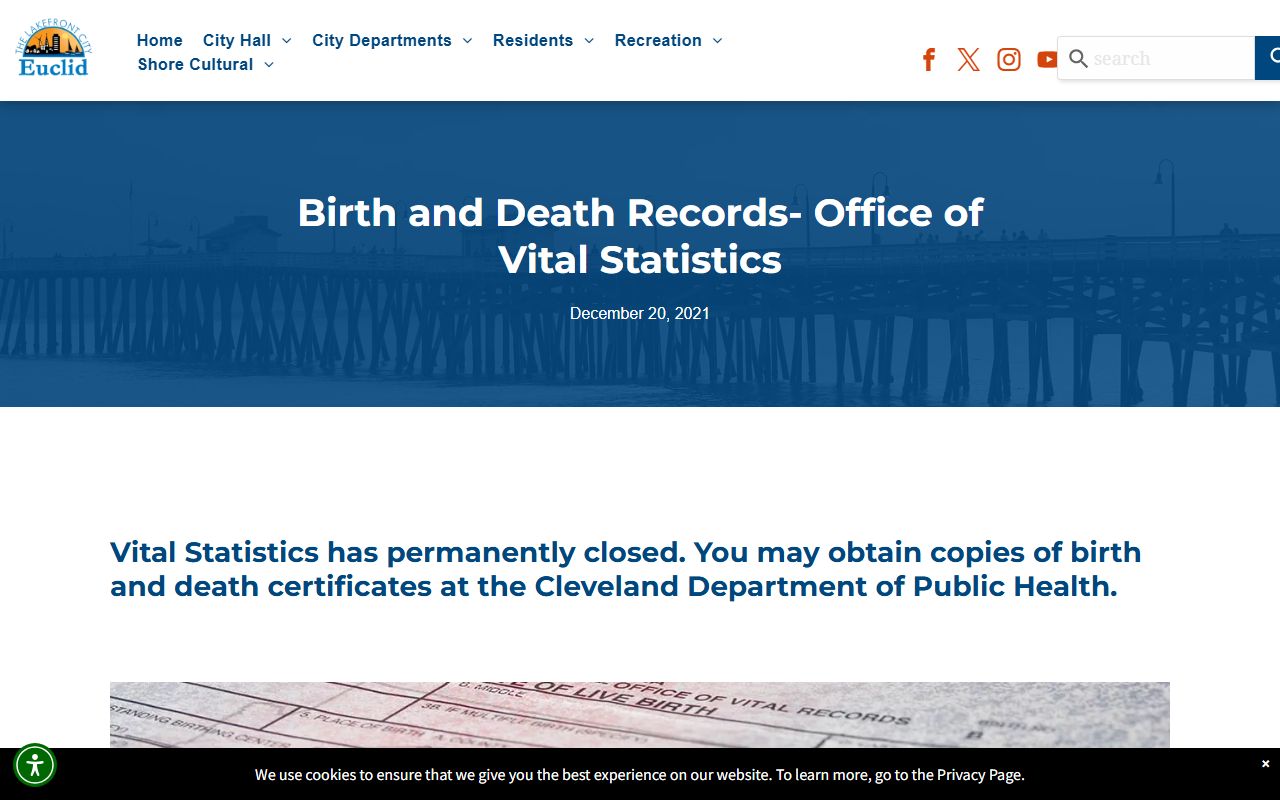 City of Euclid vital statistics page showing office is closed