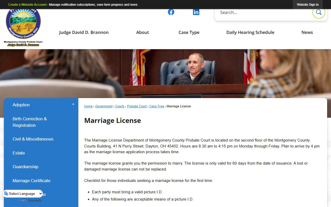 Montgomery County Probate Court marriage license page for Huber Heights residents