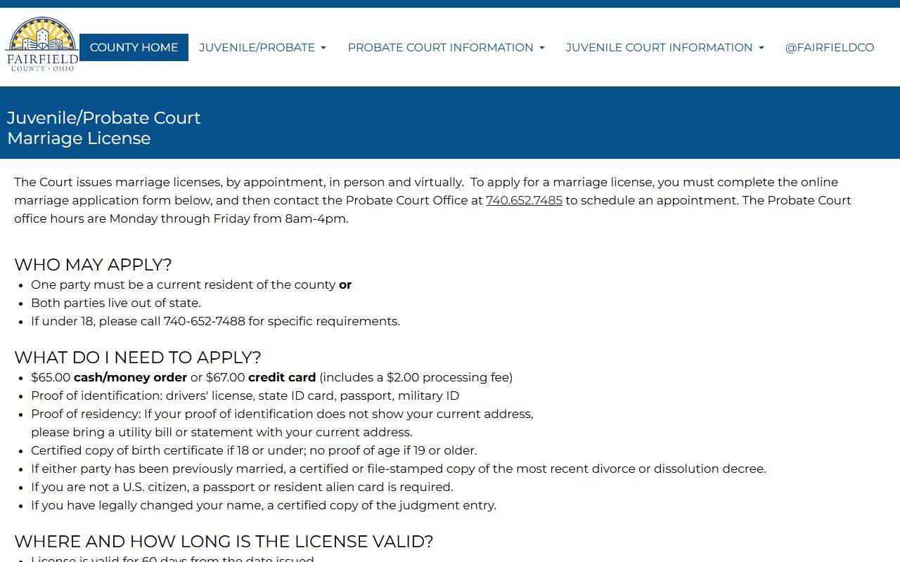 Fairfield County Juvenile Probate Court marriage license information page
