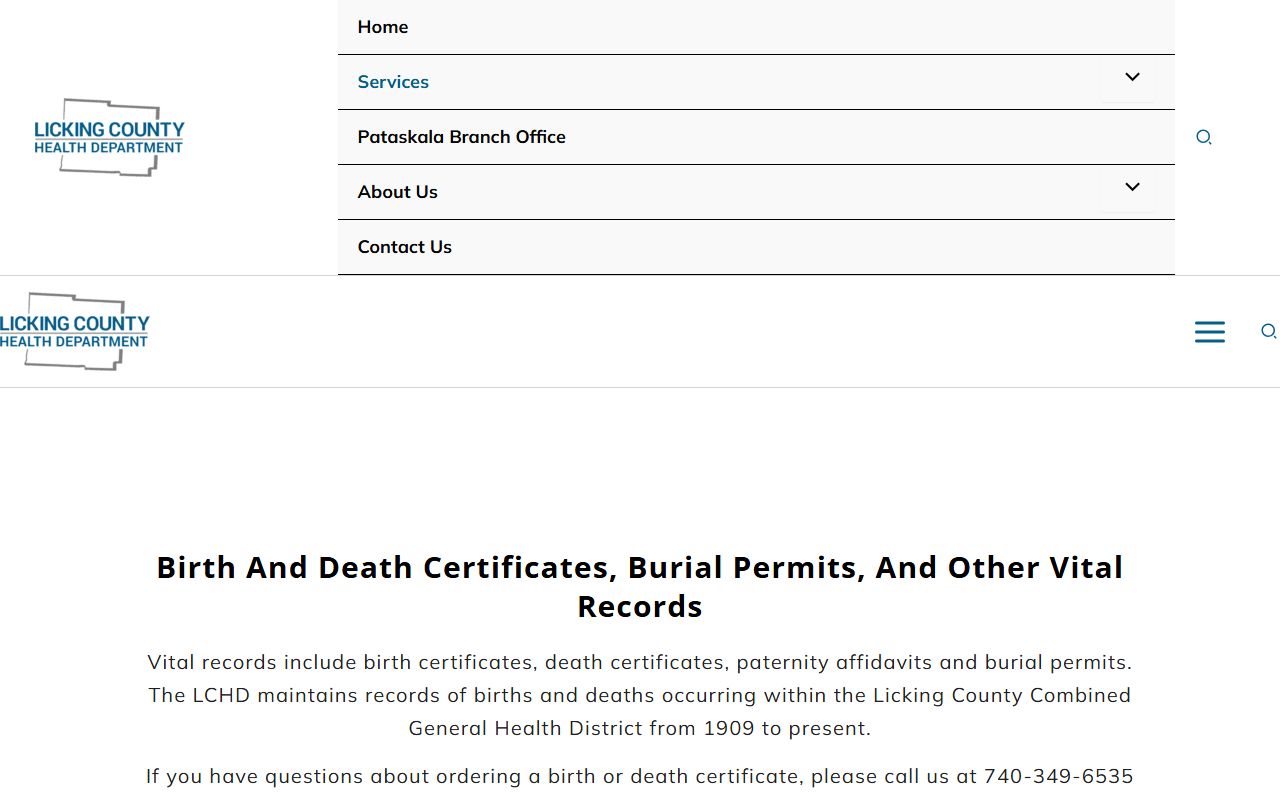 Licking County Health Department vital statistics page