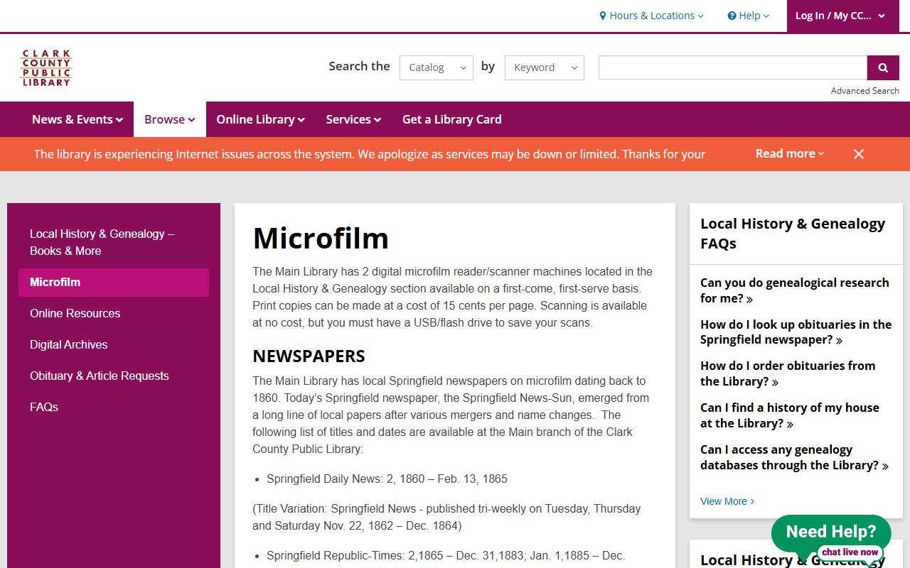 Clark County Public Library genealogy resources showing microfilm marriage records for Clark County Ohio