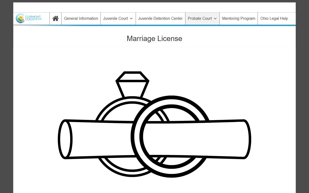 Clermont County Probate Court marriage license information page showing application details and Zoom option