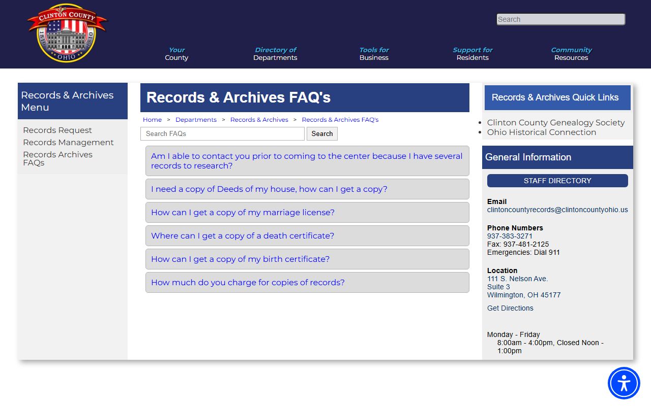 Clinton County Records and Archives FAQ page showing vital records information for Clinton County Ohio