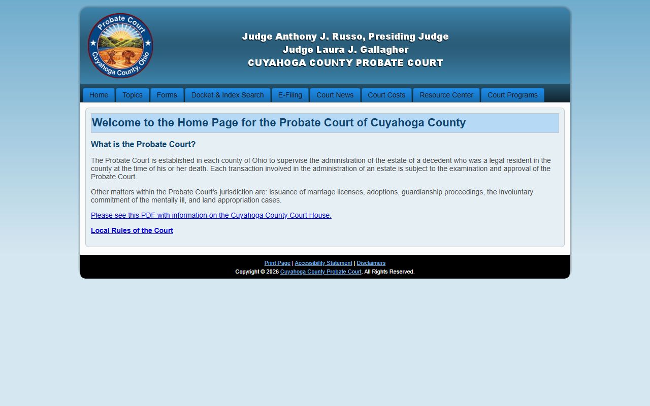 Cuyahoga County Probate Court official website showing marriage license services and online pre-registration