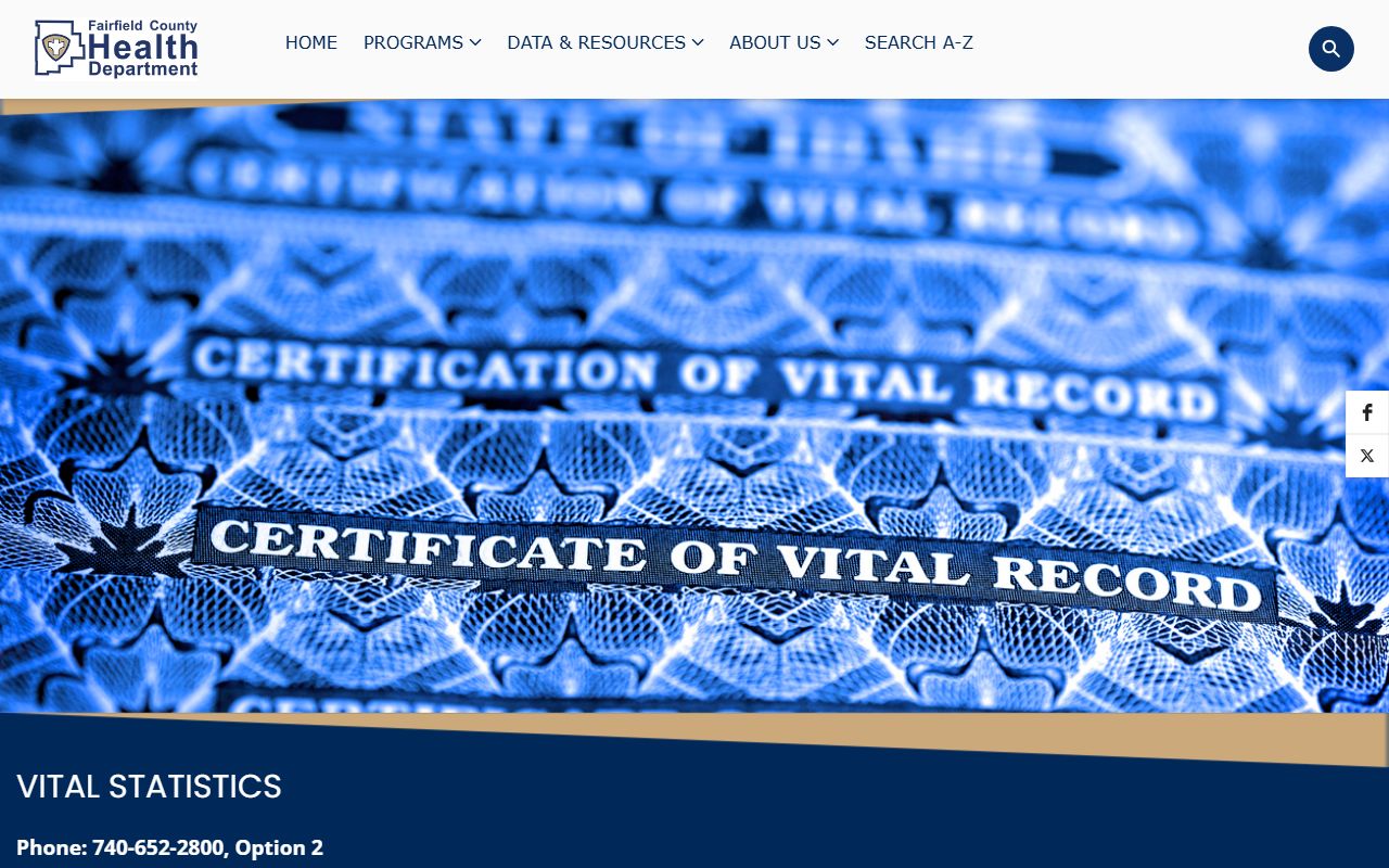 Fairfield County Health Department vital statistics page