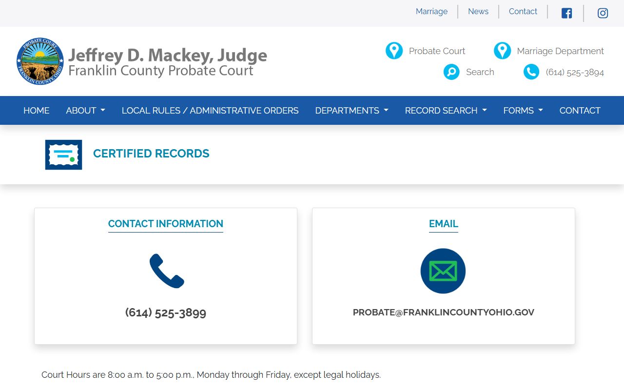 Franklin County Probate Court marriage department page showing application process