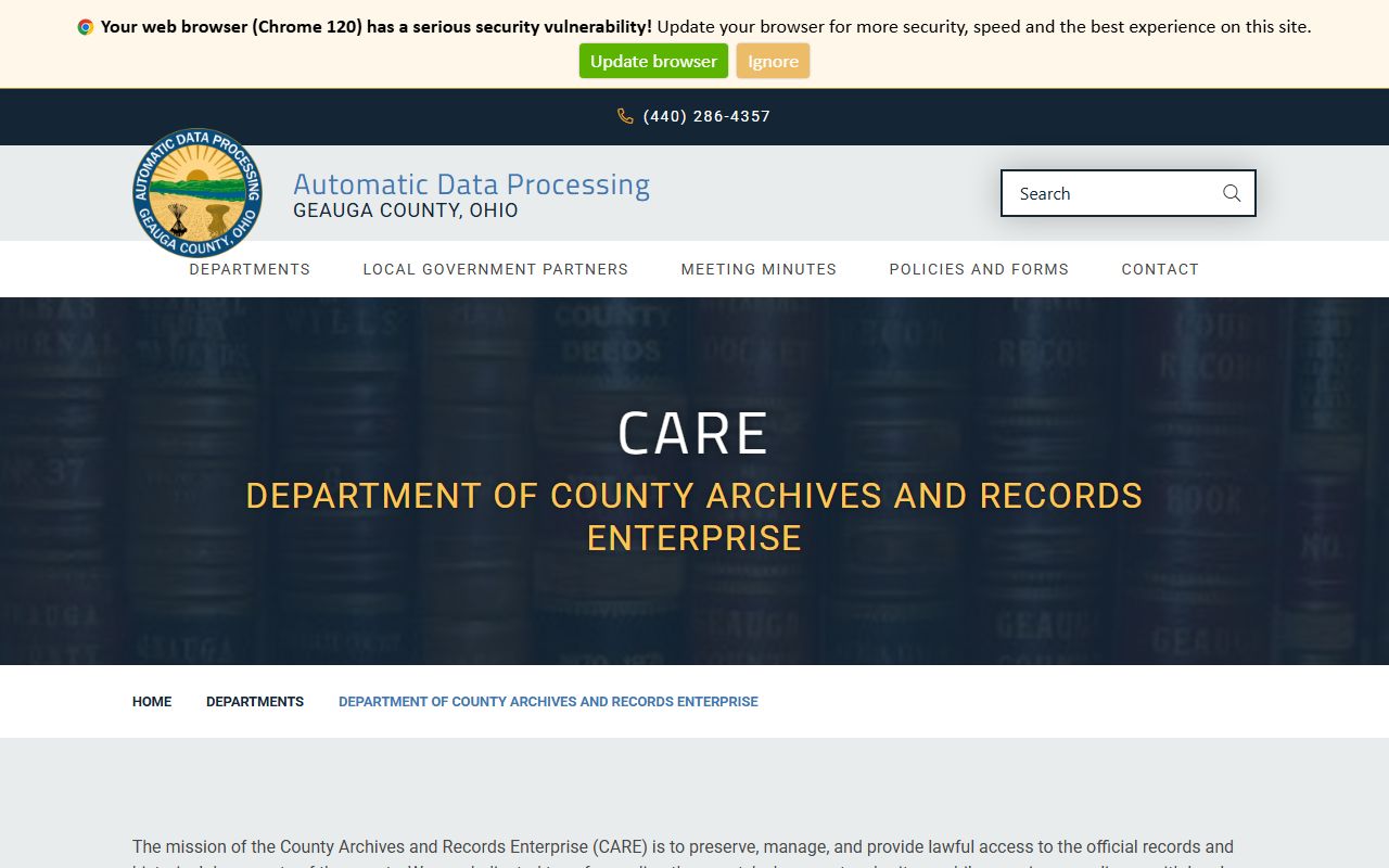Geauga County Department of Archives and Records page showing marriage record holdings