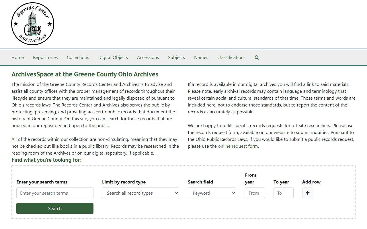 Greene County Records Center and Archives digital search system for marriage records