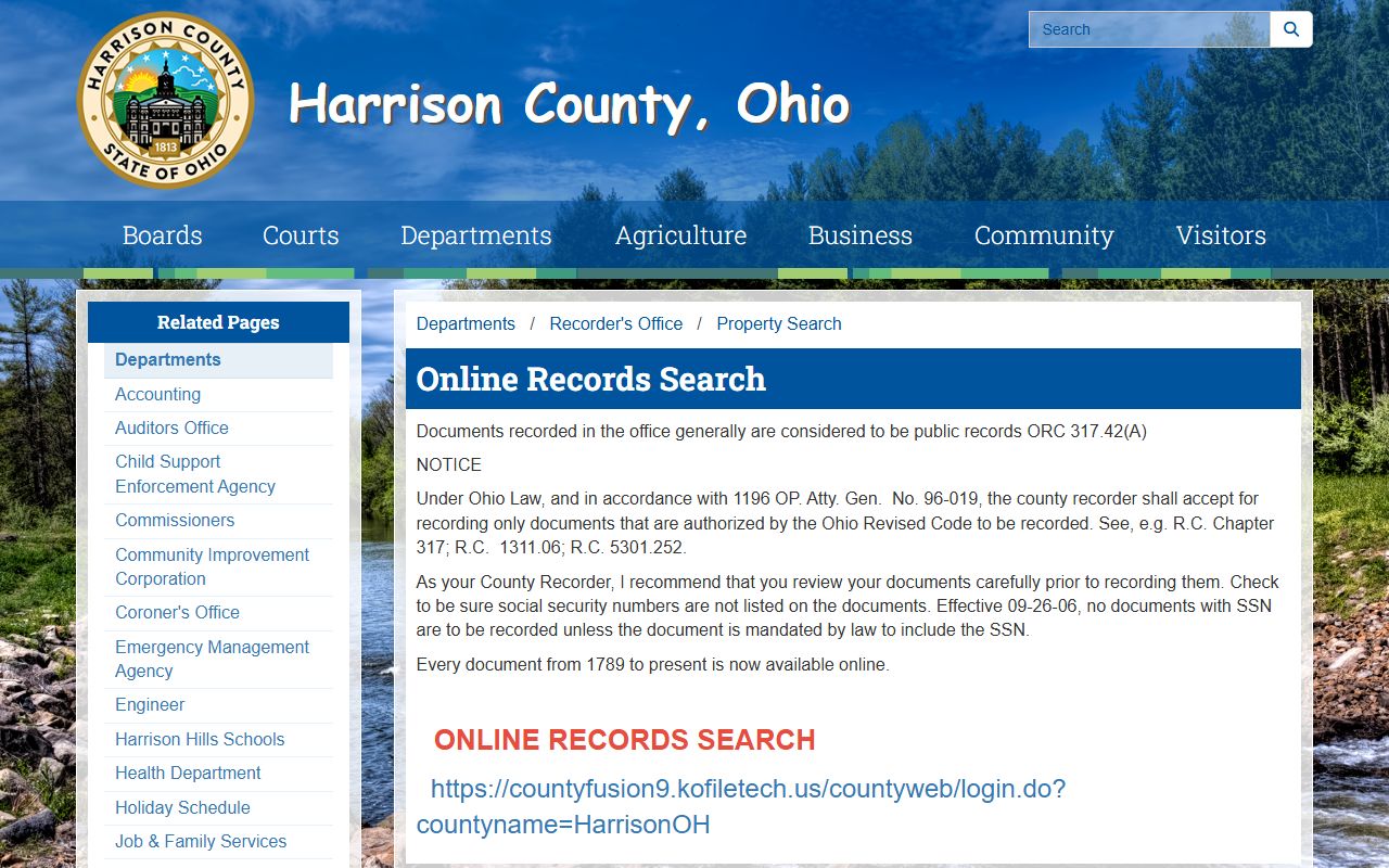 Harrison County online records search page for marriage license records