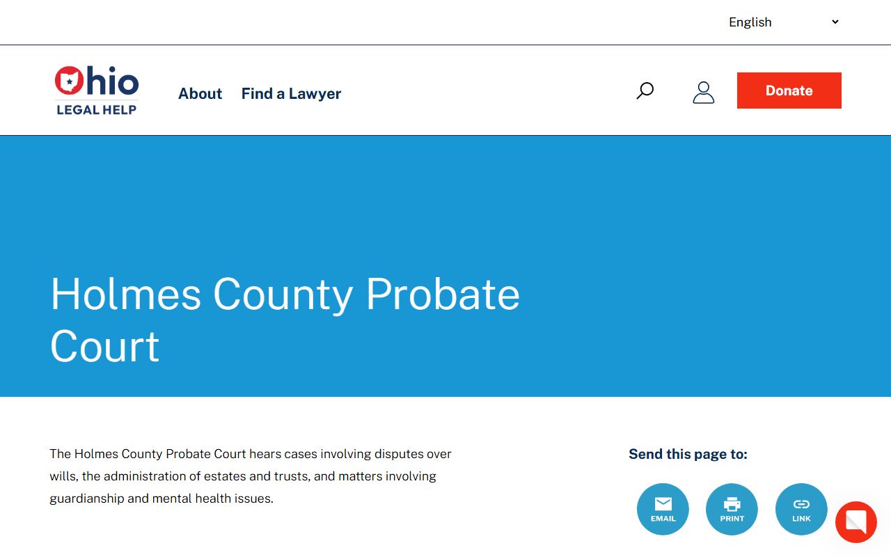 Ohio Legal Help page showing Holmes County probate court information