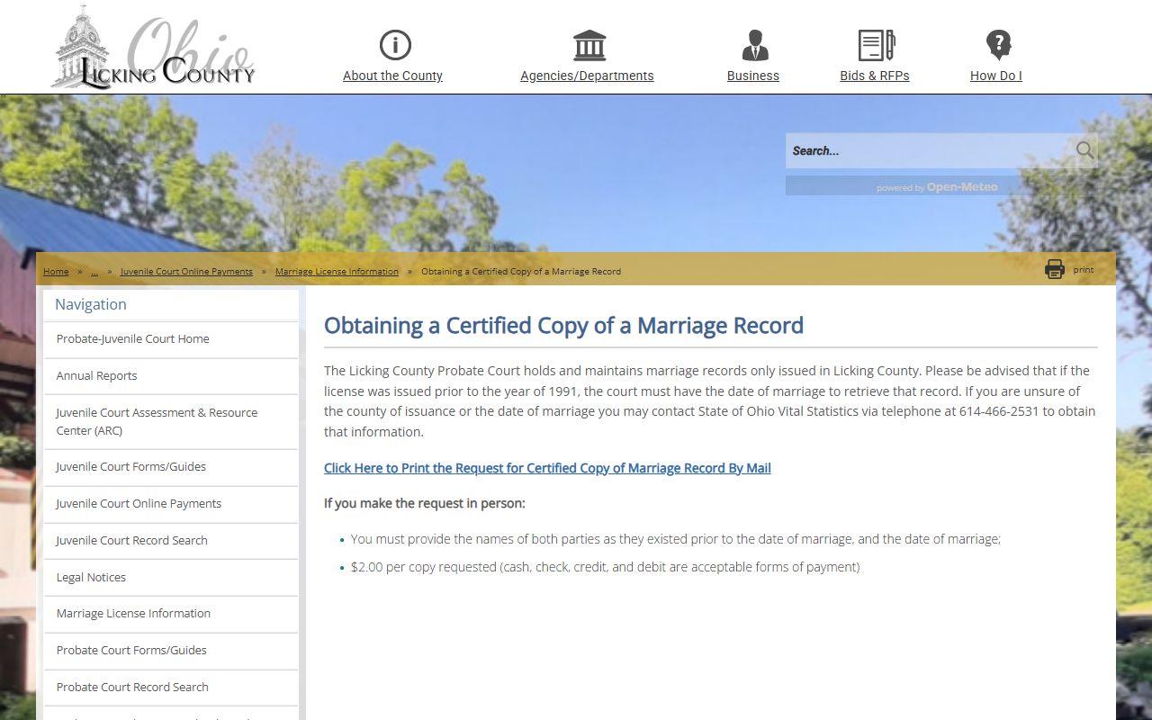 Licking County marriage license certified copy request page