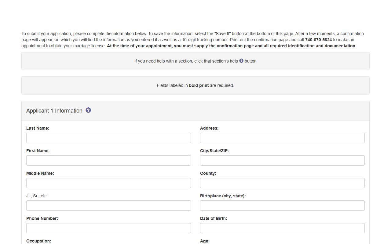 Licking County marriage license probate court application page
