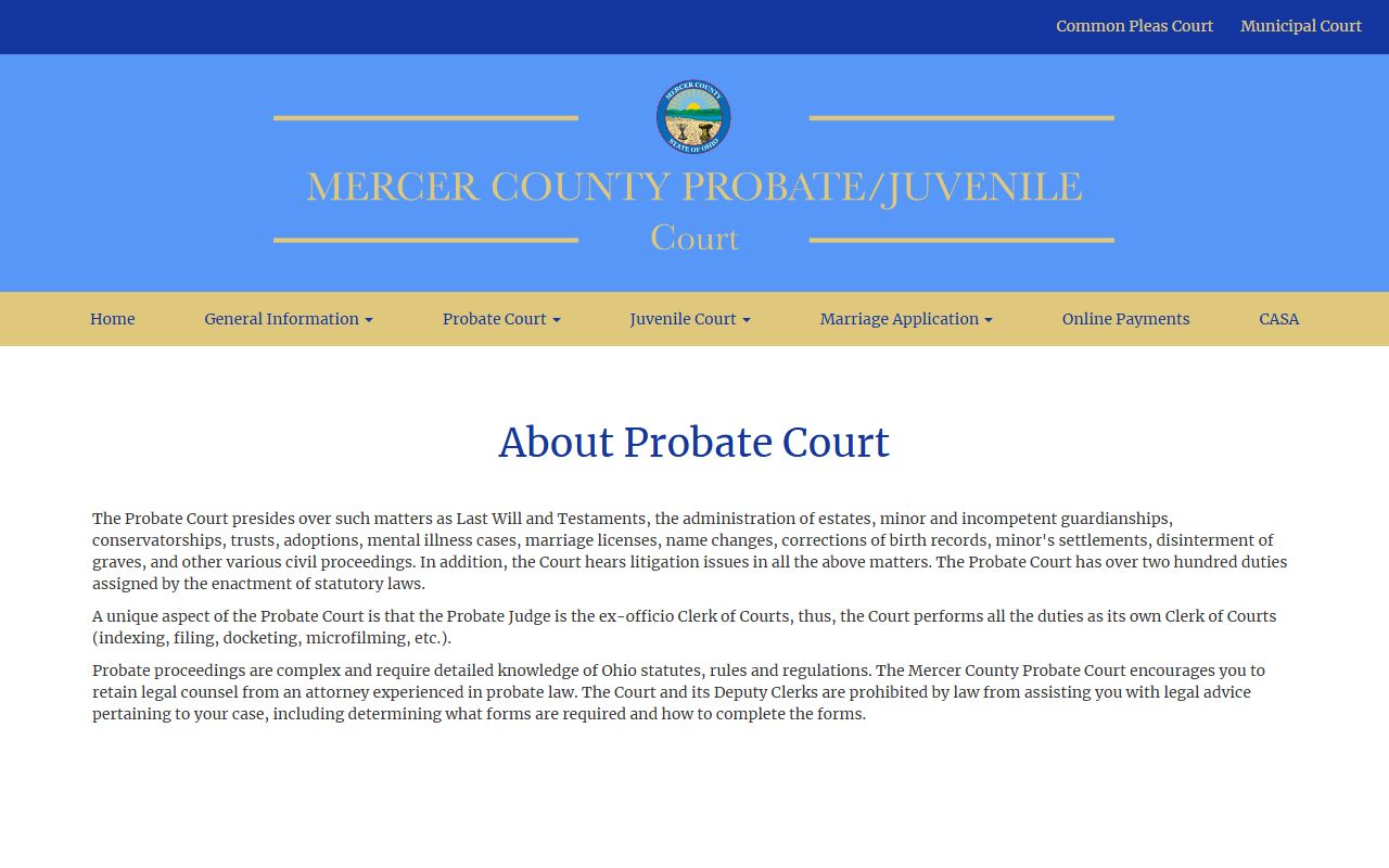 Mercer County Probate Juvenile Court website with marriage license information