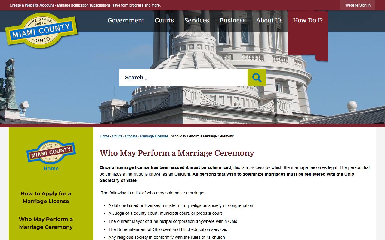 Miami County Probate Court marriage license information page