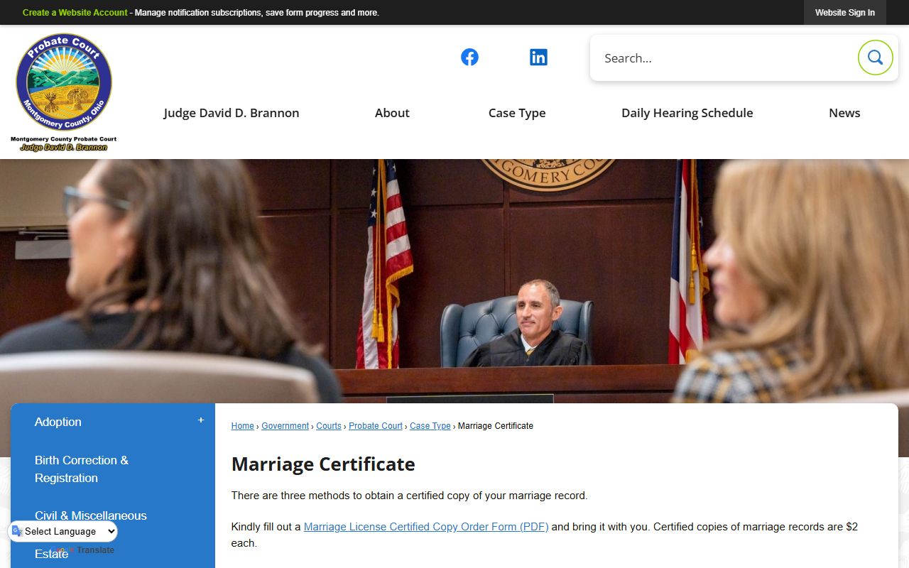 Montgomery County Probate Court marriage license page with fees and requirements
