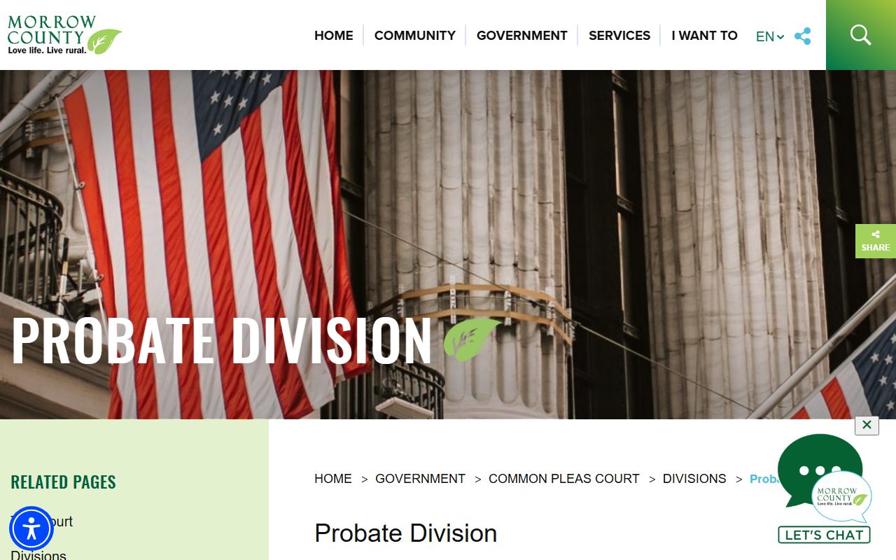Morrow County Probate Division website with marriage license information