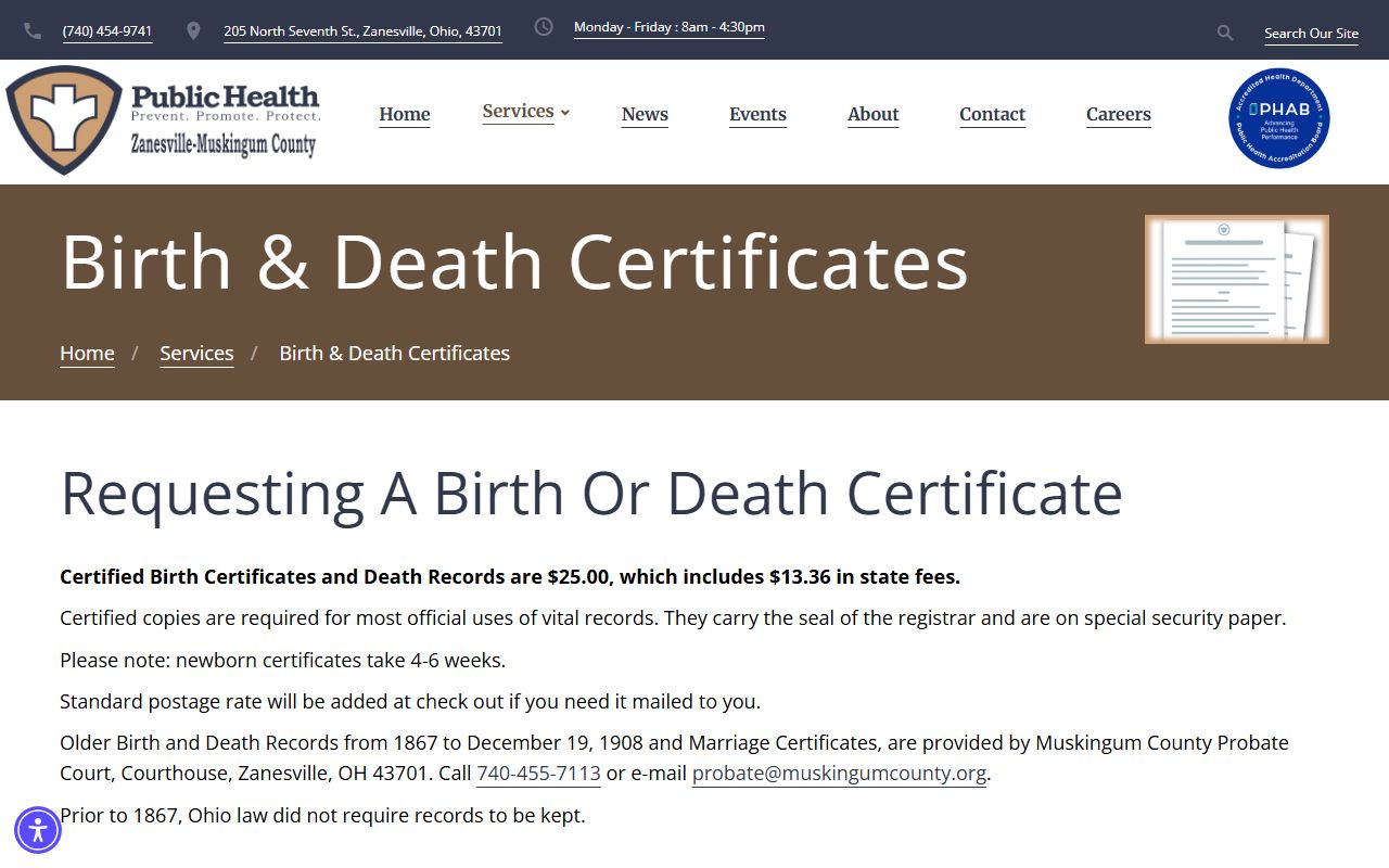 Zanesville Muskingum County Health Department page directing marriage records to Probate Court