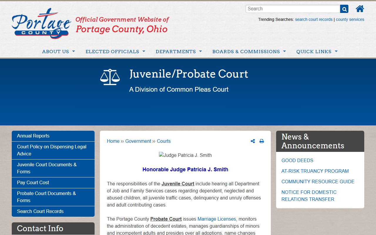 Portage County Probate Court website for marriage license applications