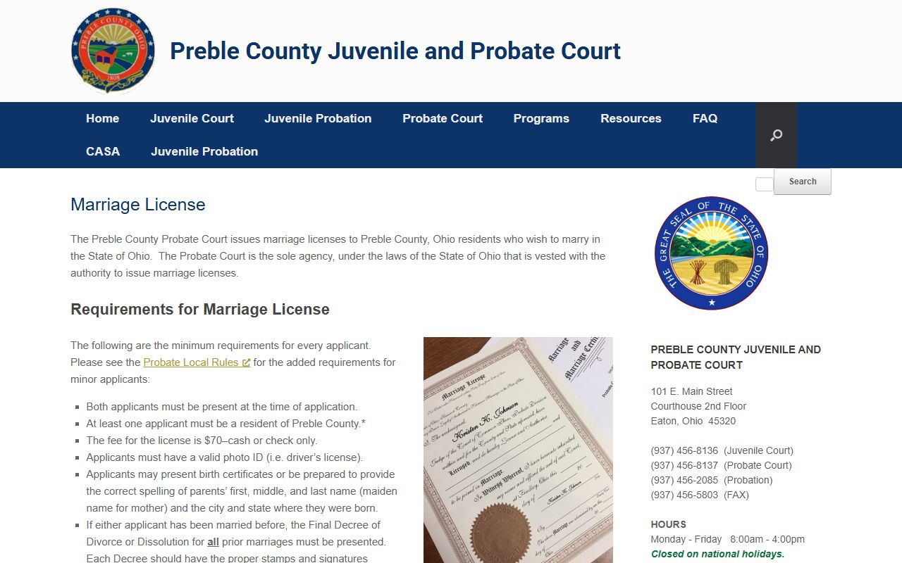 Preble County marriage license requirements page