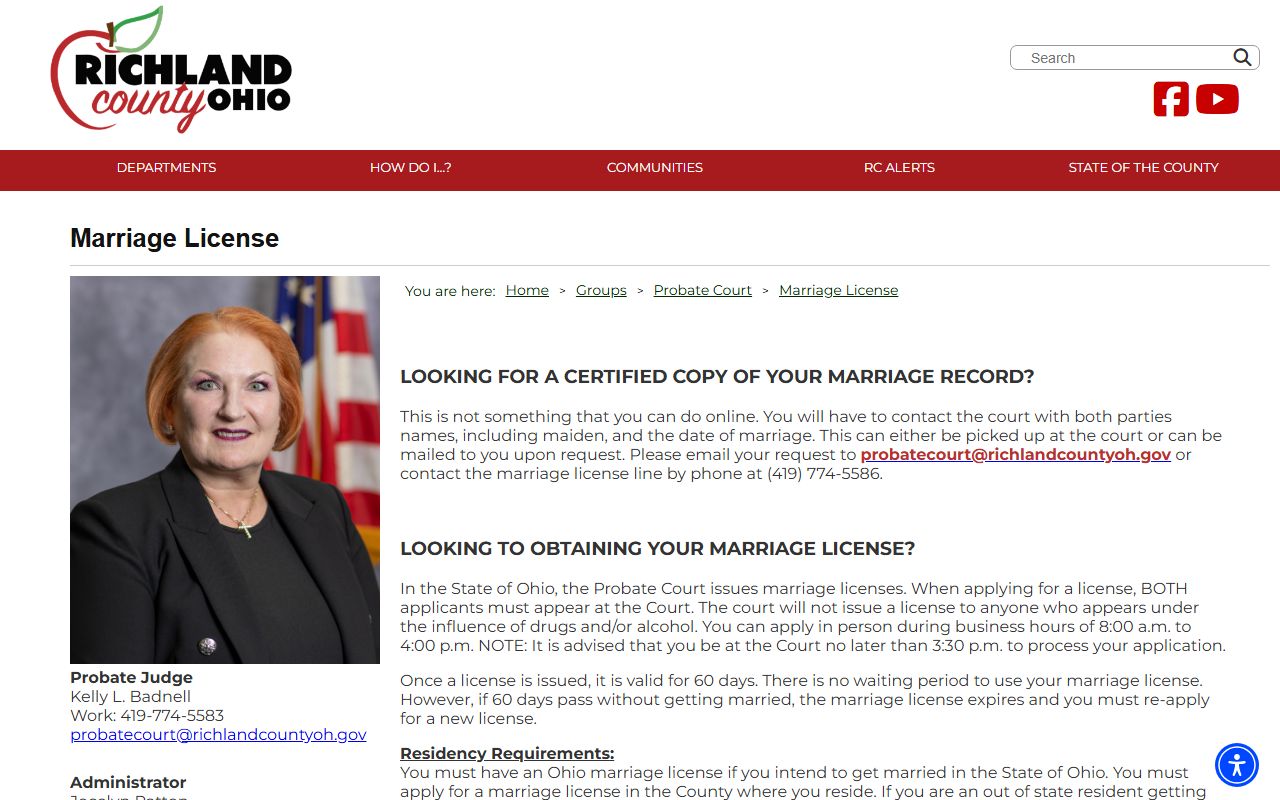 Richland County Probate Court marriage license page showing fees and requirements