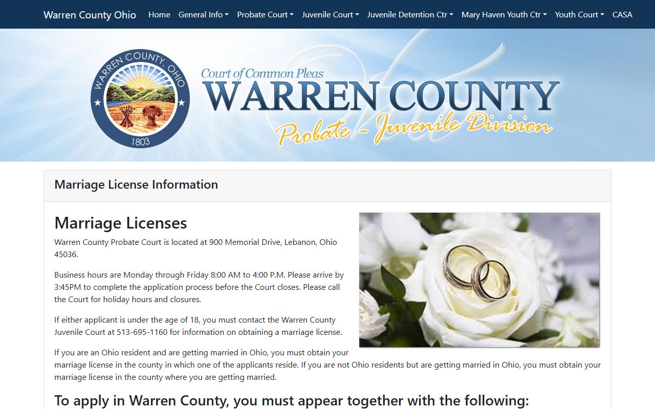 Warren County Probate Court marriage license application page in Lebanon Ohio