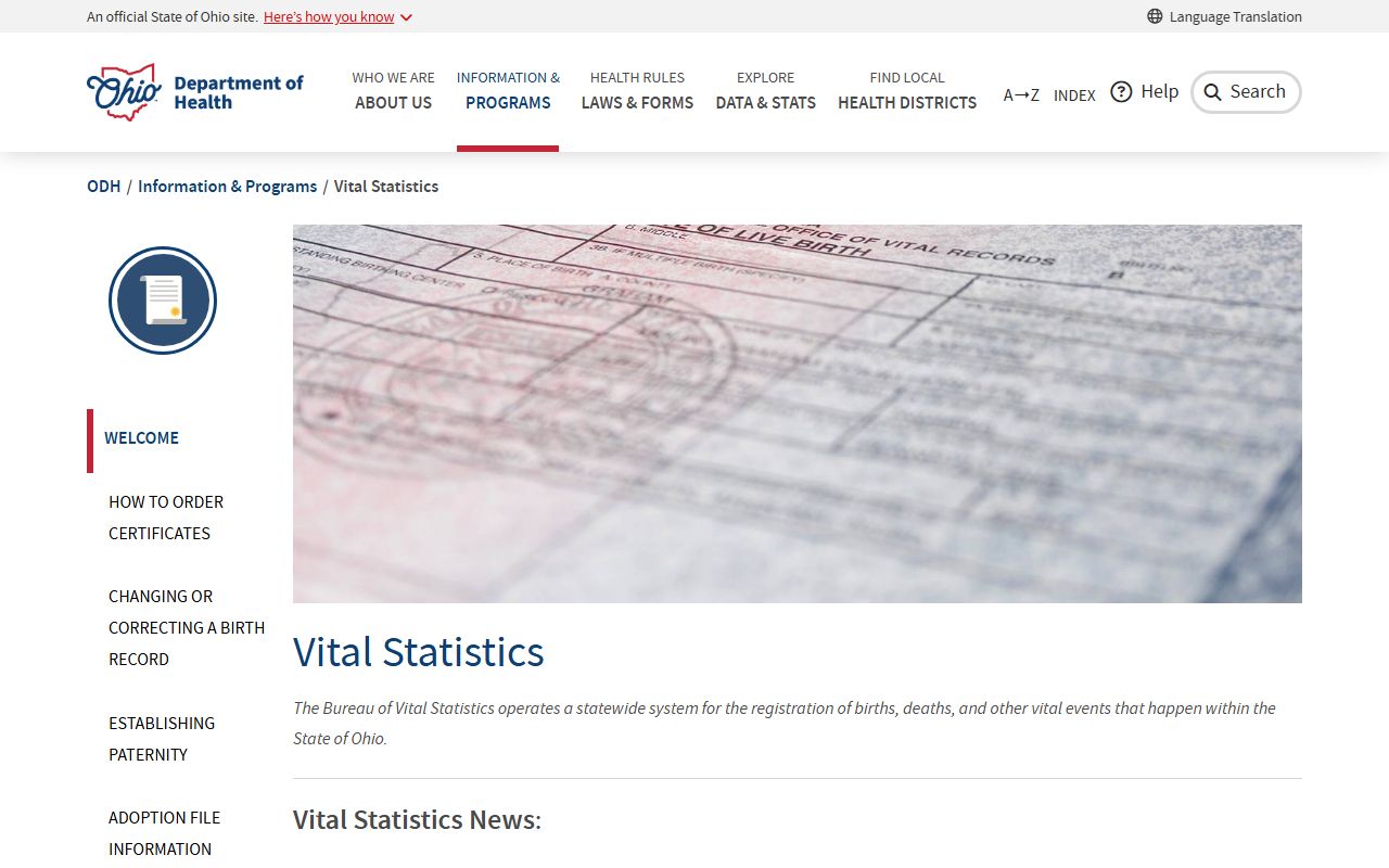 Ohio Department of Health vital statistics page for Ohio marriage license records