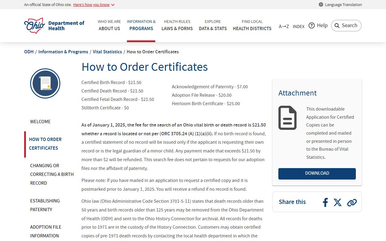 Ohio Department of Health certificate ordering page for marriage license records