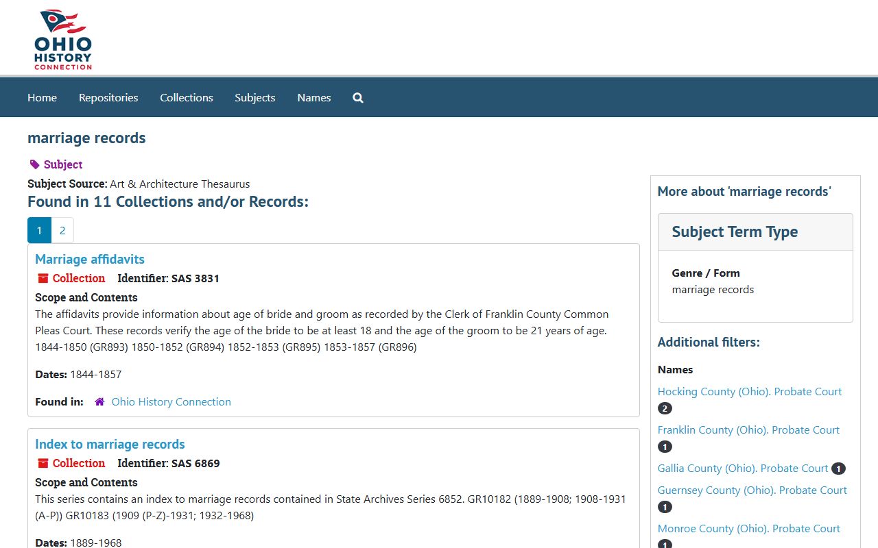 Ohio History Connection Archives marriage record collections catalog