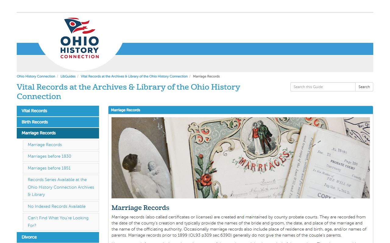 Ohio History Connection guide to historical marriage license records