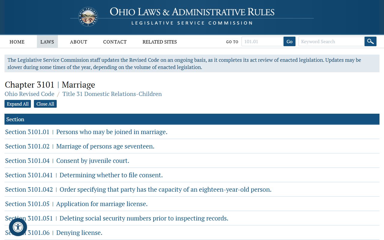 Ohio Revised Code Chapter 3101 marriage license laws and fee provisions