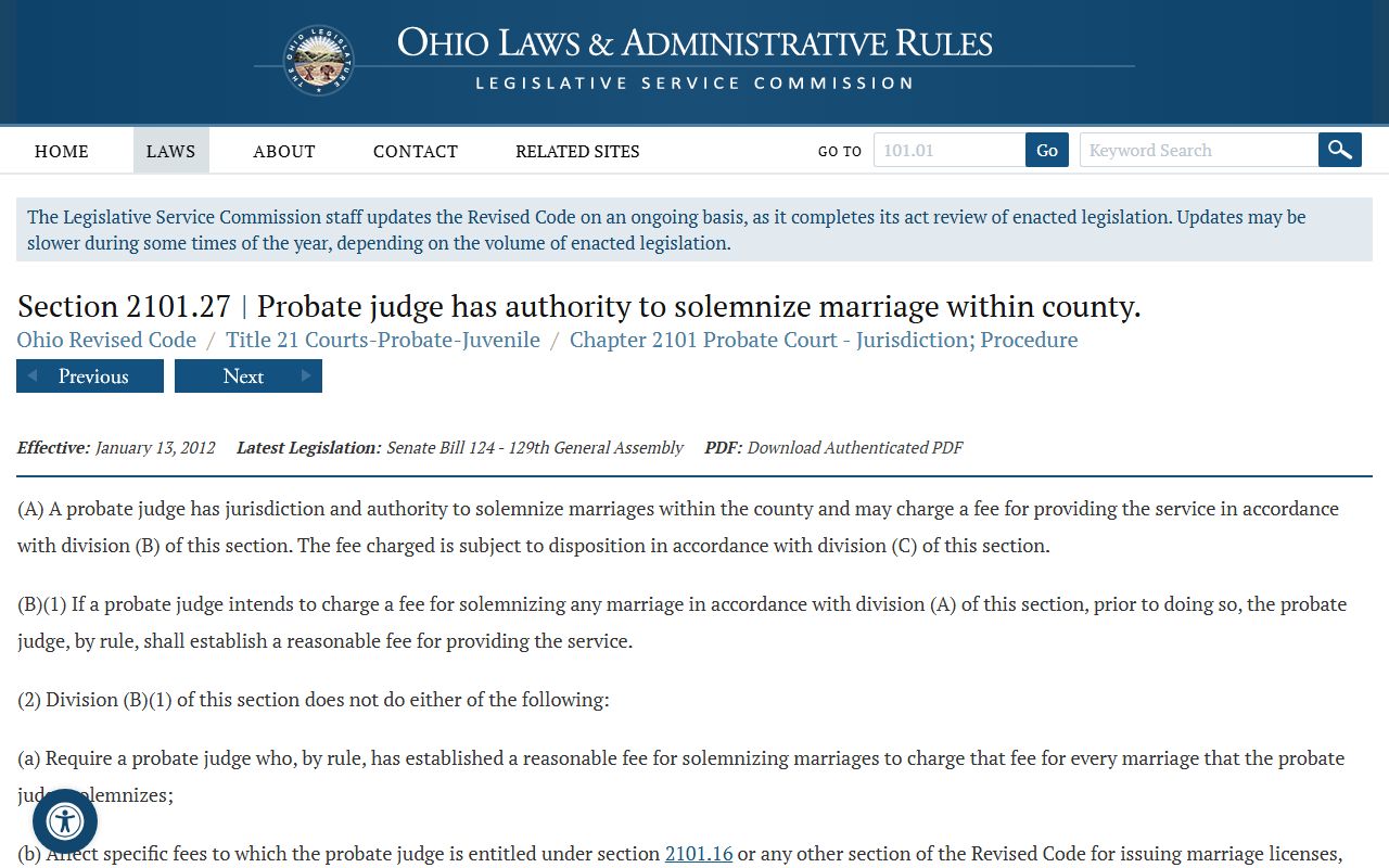 Ohio Revised Code Section 3101.05 marriage license application requirements